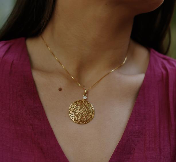 14 kt Gold Sri Yantra Pendant Necklace Mounted in Yellow Sapphire- The  Sattva Collection